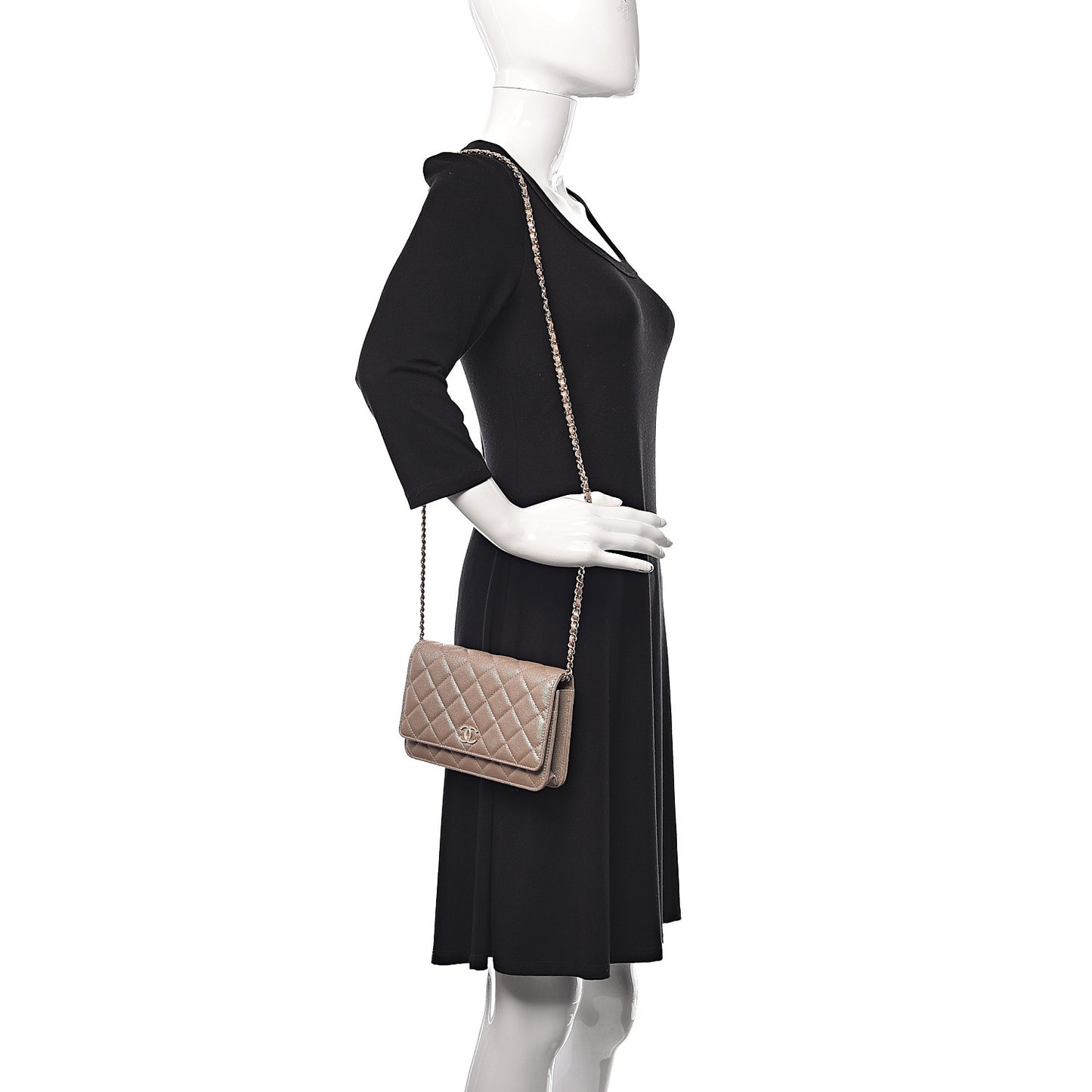 Iridescent Caviar Quilted Wallet On Chain WOC Beige