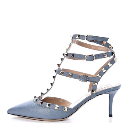 Valentino Garavani Pebbled Calfskin Rockstud Ankle Strap 65mm Pumps 38 Niagara 1 of 9