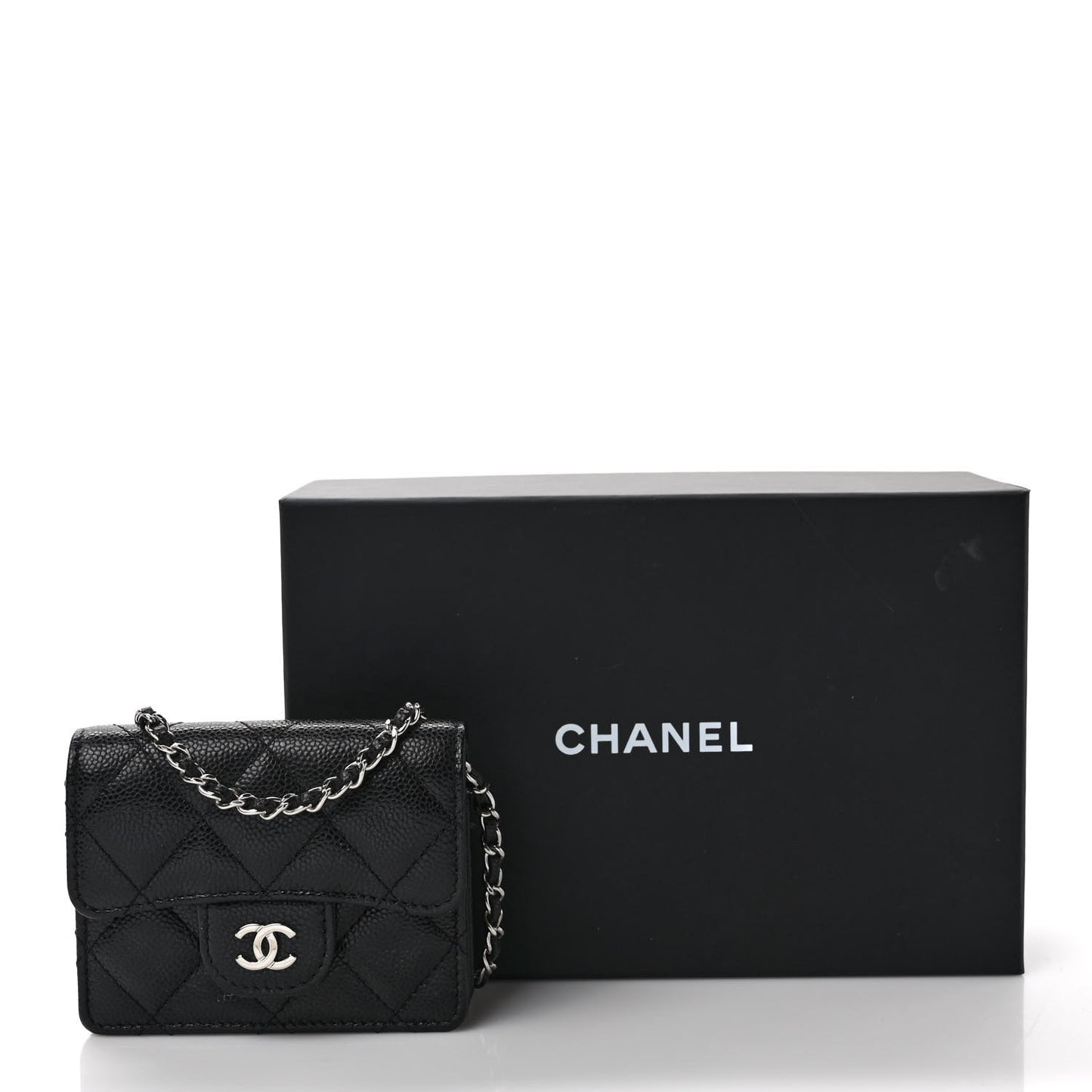 Caviar Quilted Flap Card Holder On Chain Black