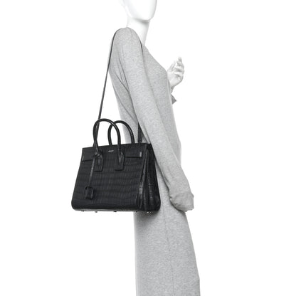 Saint Laurent Calfskin Crocodile Embossed Small Sac de Jour Black 2 of 14
