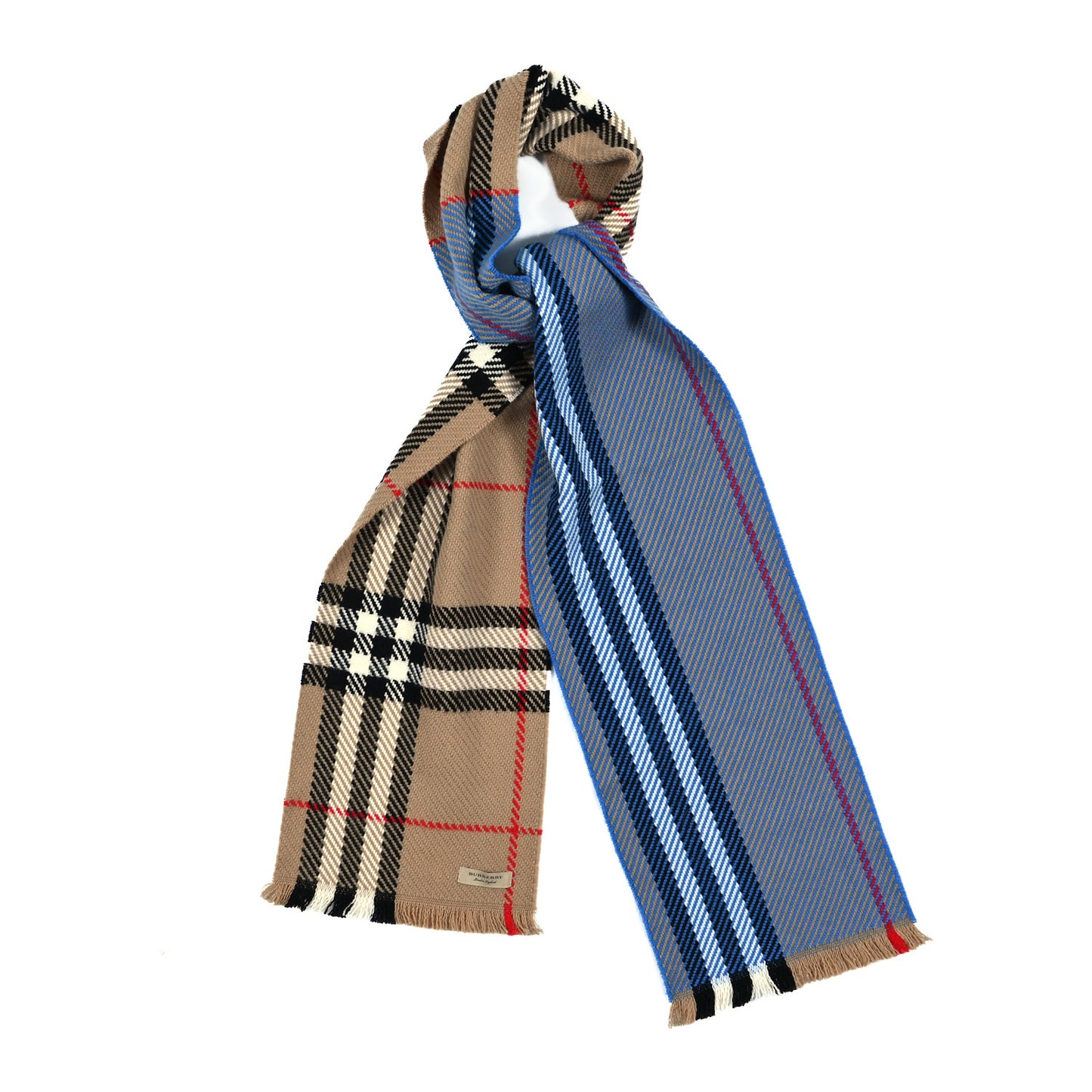 Wool Giant Check Color Block Fringe Scarf Blue