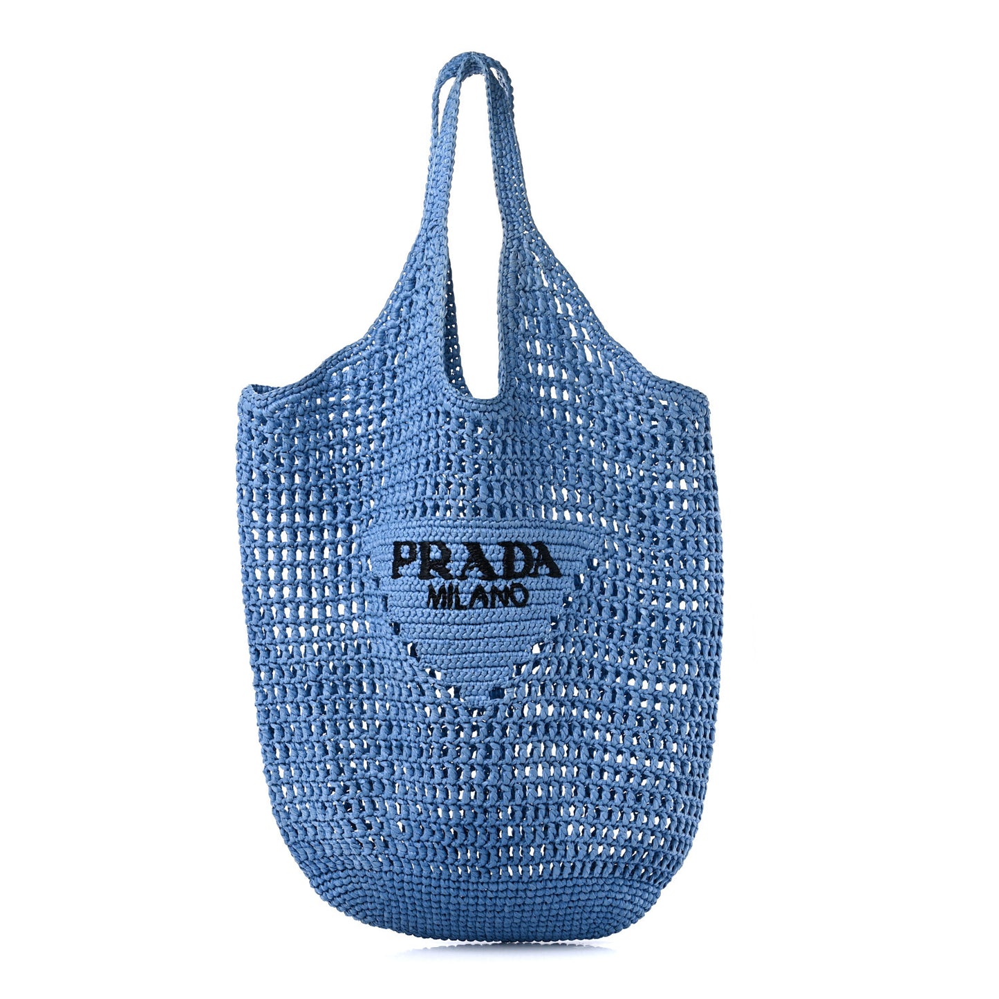 Yarn Raffia Effect Crochet Logo Embroidered Shopping Tote Bag Celeste