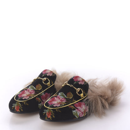 Gucci Velvet Fur Floral Womens Princetown Slippers 35 Black 3 of 9