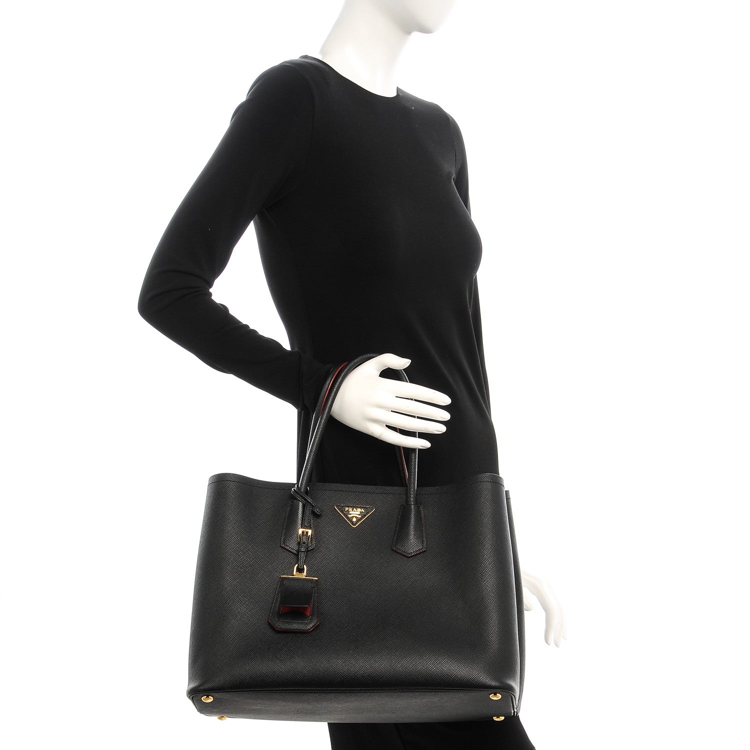 Prada Saffiano Cuir Large Double Bag Nero Black Ciliegia 2 of 6