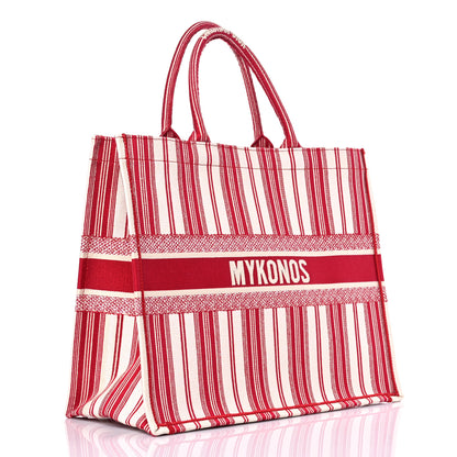 Christian Dior Canvas Embroidered Mykonos Large Striped Book Tote Red 3 of 10