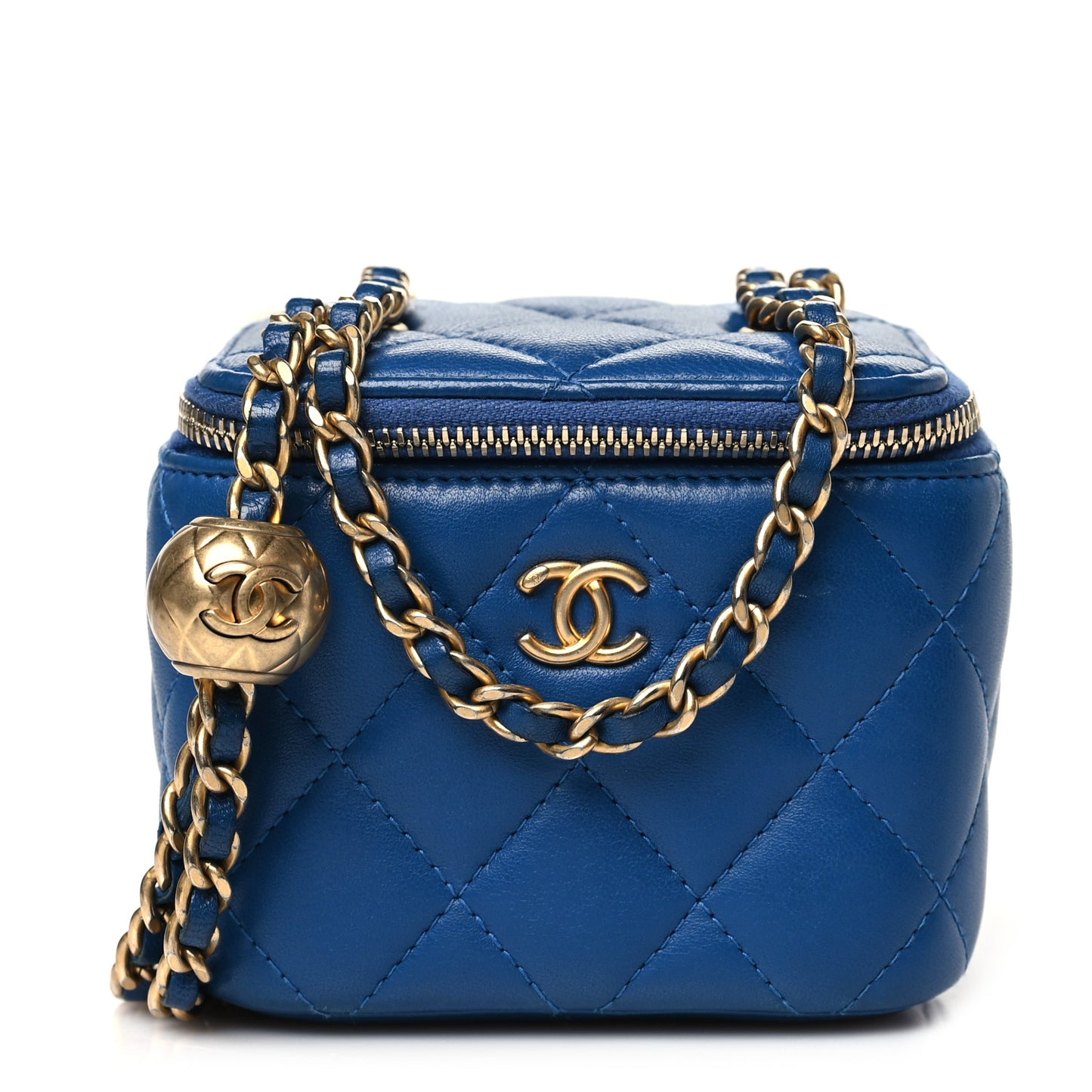 Lambskin Quilted Pearl Crush Mini Vanity Case With Chain Blue
