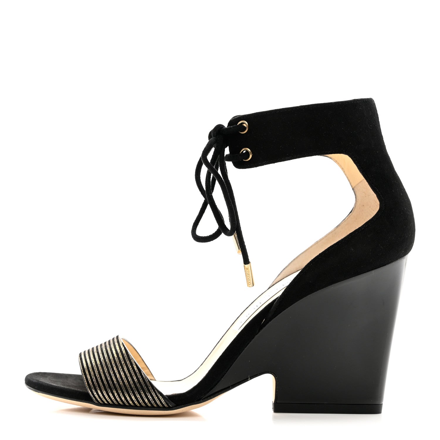 Jimmy Choo Suede Metallic Striped Morena 90 Wedge Sandals 37 Black Gold 1 of 8