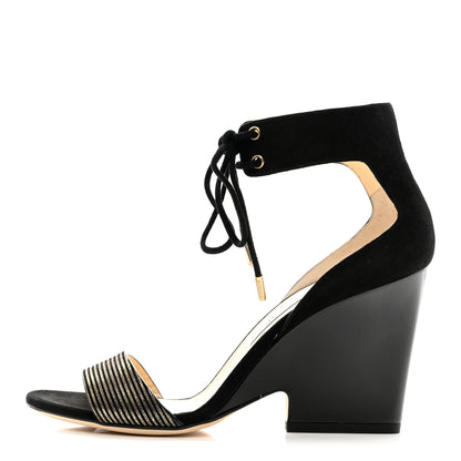 Jimmy Choo Suede Metallic Striped Morena 90 Wedge Sandals 37 Black Gold 1 of 8