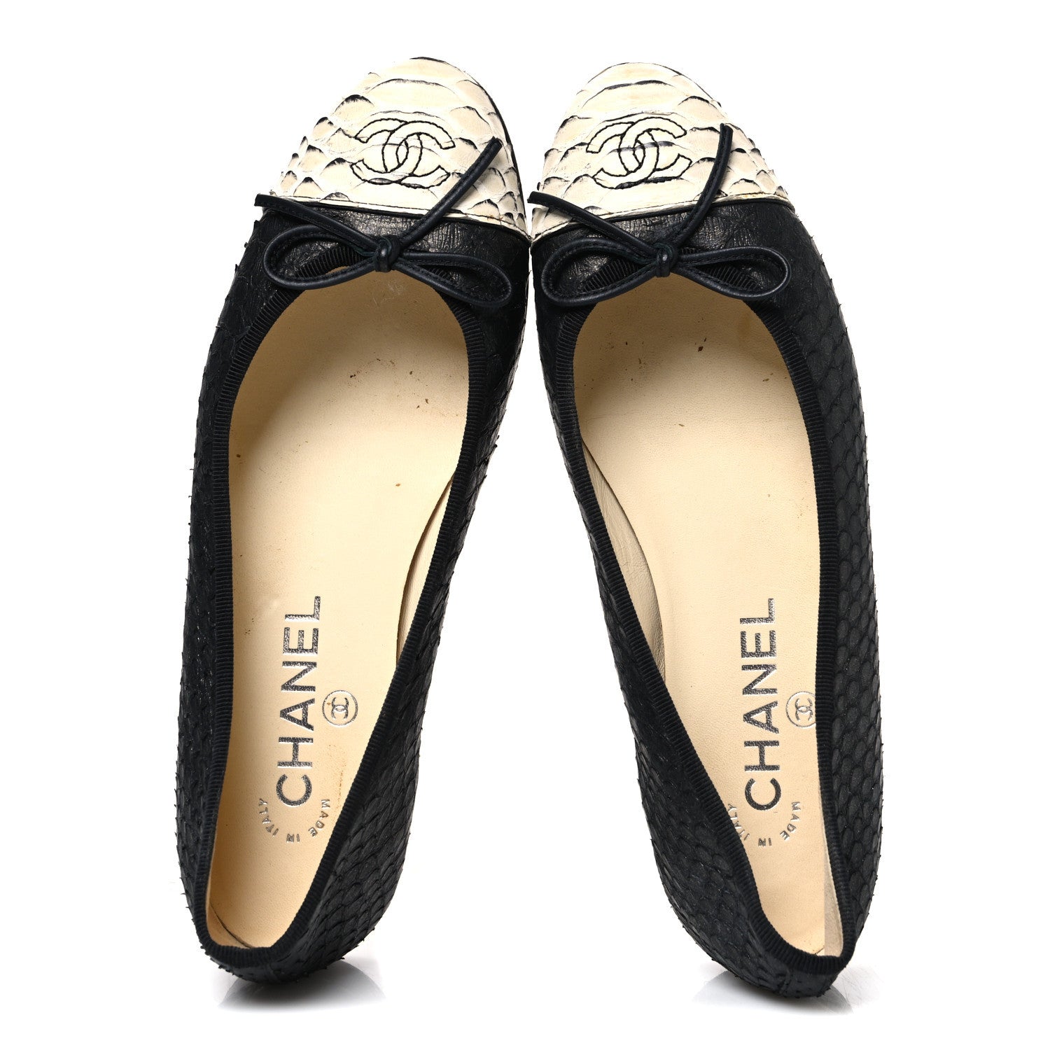 Chanel Glitter Snakeskin CC Cap Toe Ballerina Flats 37 Black White 2 of 13
