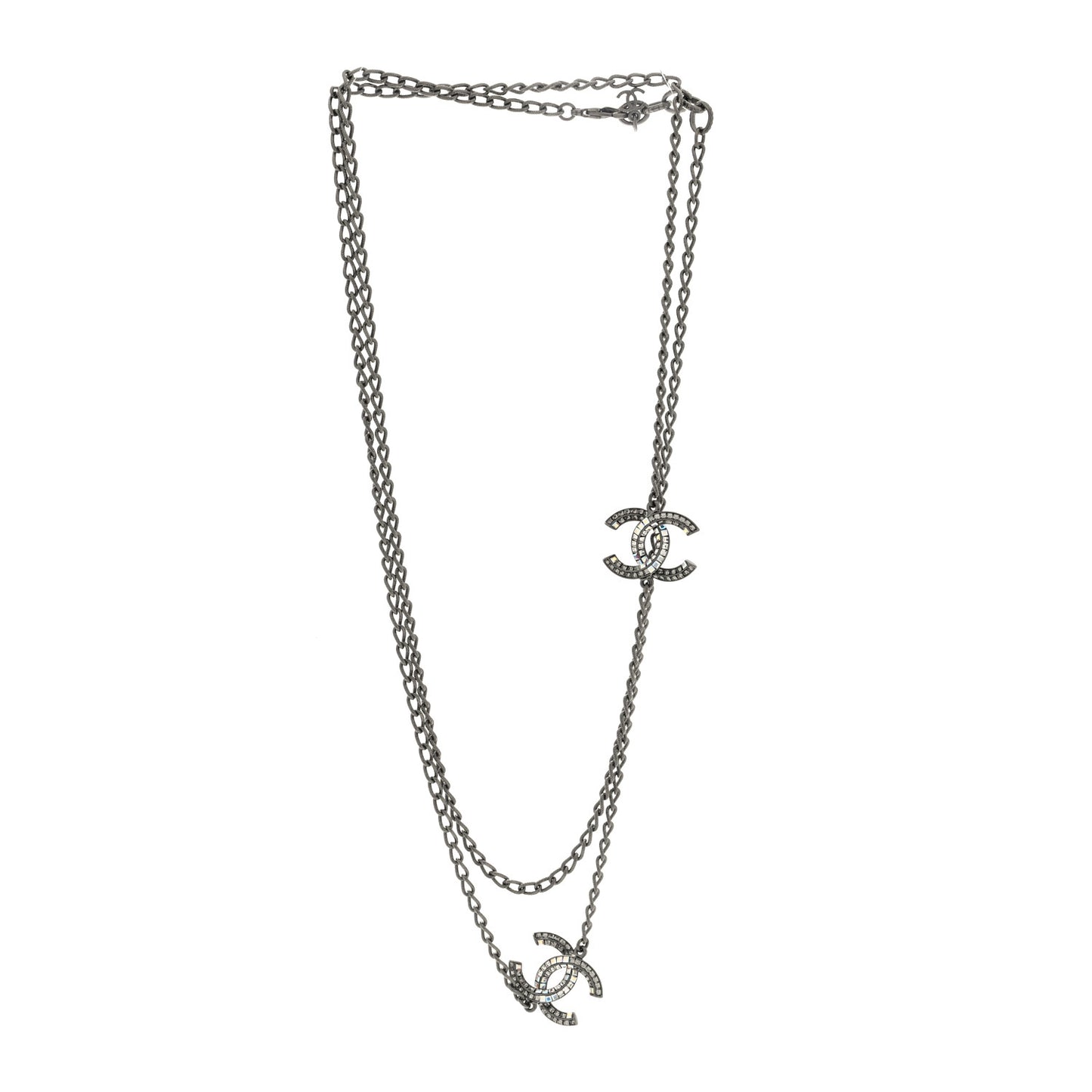 Crystal Baguette CC Double Strand Necklace Silver