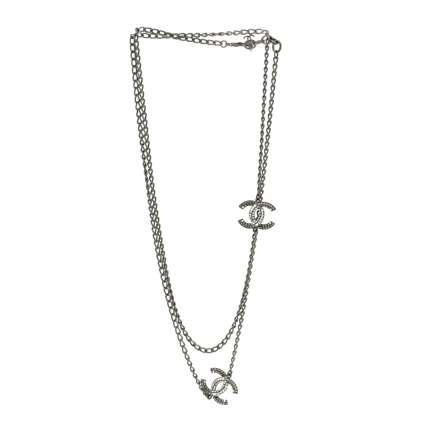 Chanel Crystal Baguette CC Double Strand Necklace Silver 3 of 4
