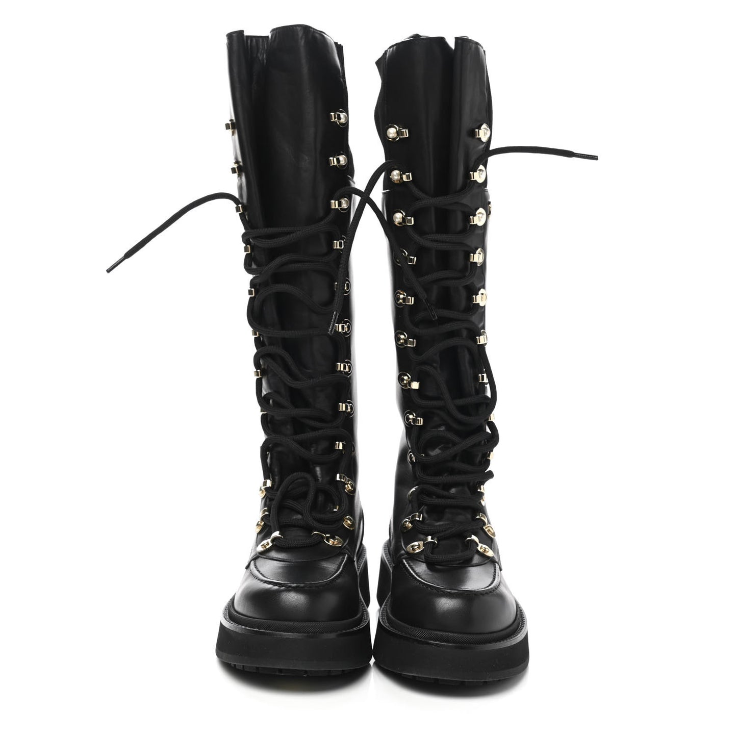 Calfskin Knit Lace Up Combat Boots 36 Black