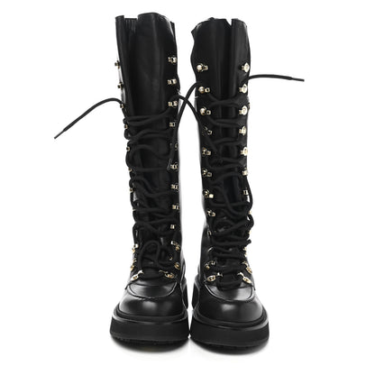 Chanel Calfskin Knit Lace Up Combat Boots 36 Black 2 of 7