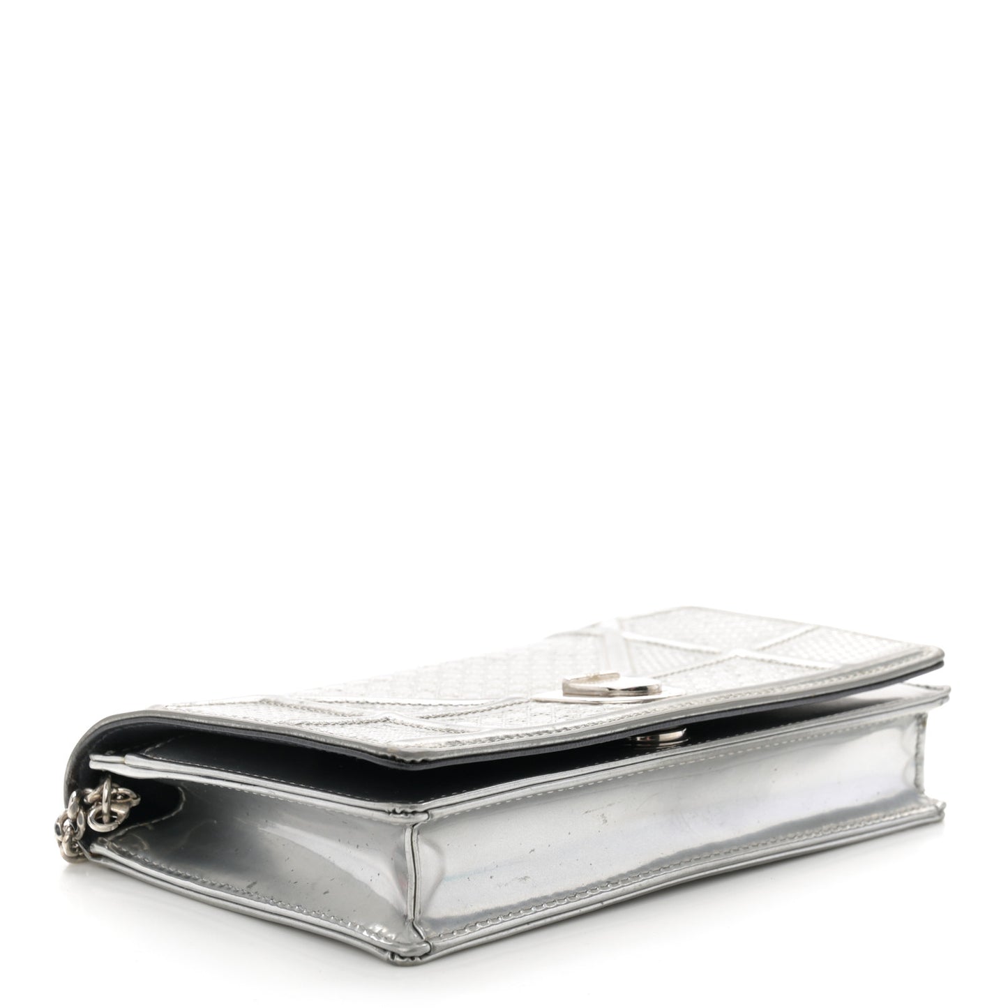 Metallic Patent Micro-Cannage Diorama Wallet on Chain Pouch Silver