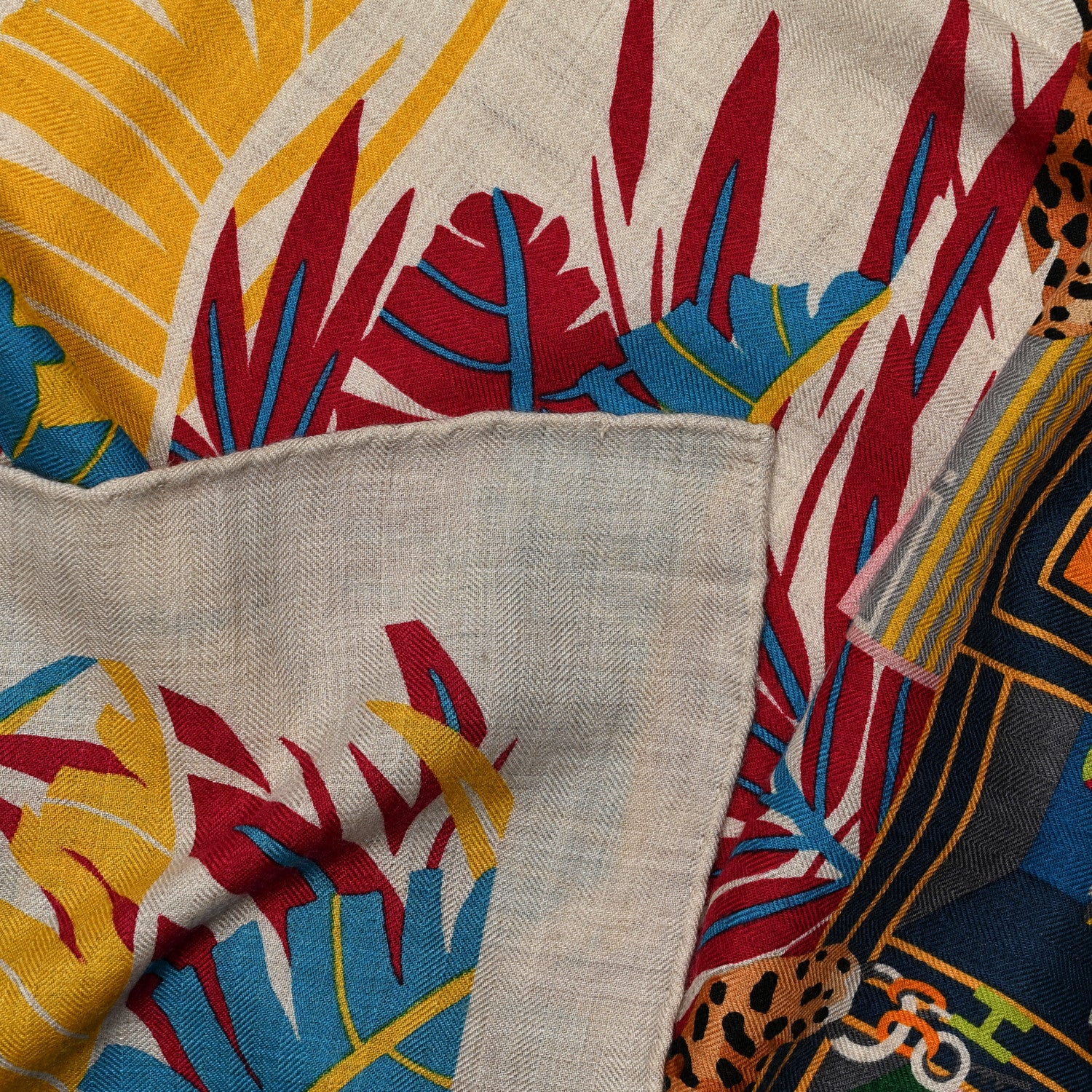 Hermes Cashmere Silk Les Douze Leopards Shawl 140 Naturel Bleu Canard 5 of 5