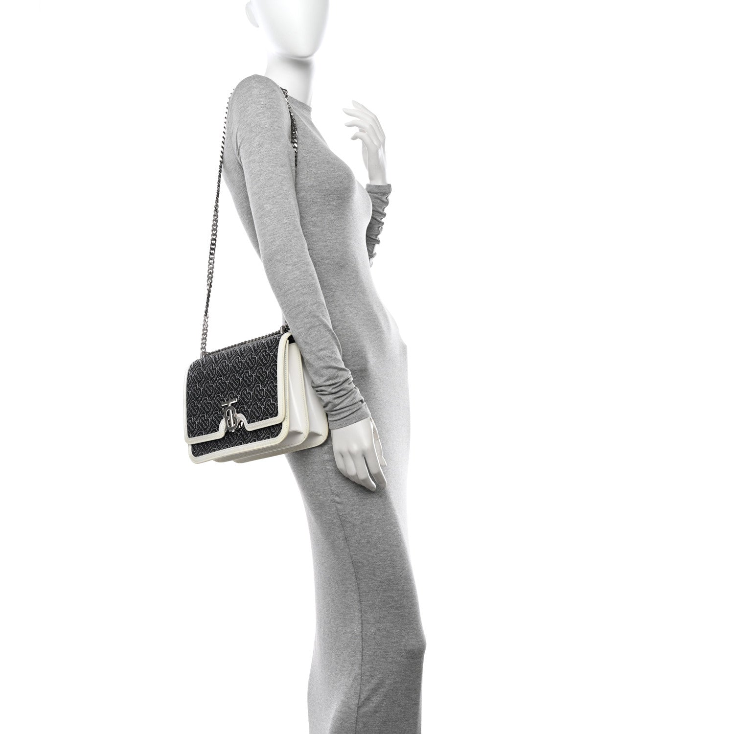 Burberry Calfskin Monogram Embossed Medium TB Chain Bag Black White 2 of 15