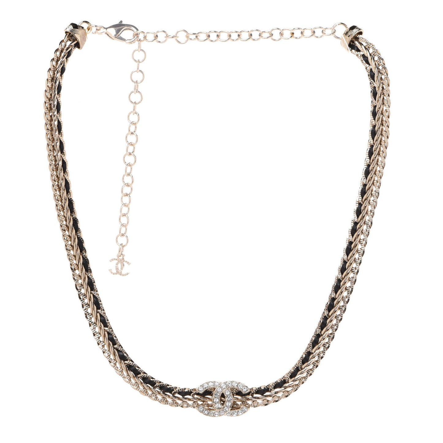 Metal Lambskin Crystal Chain CC Necklace Black Gold