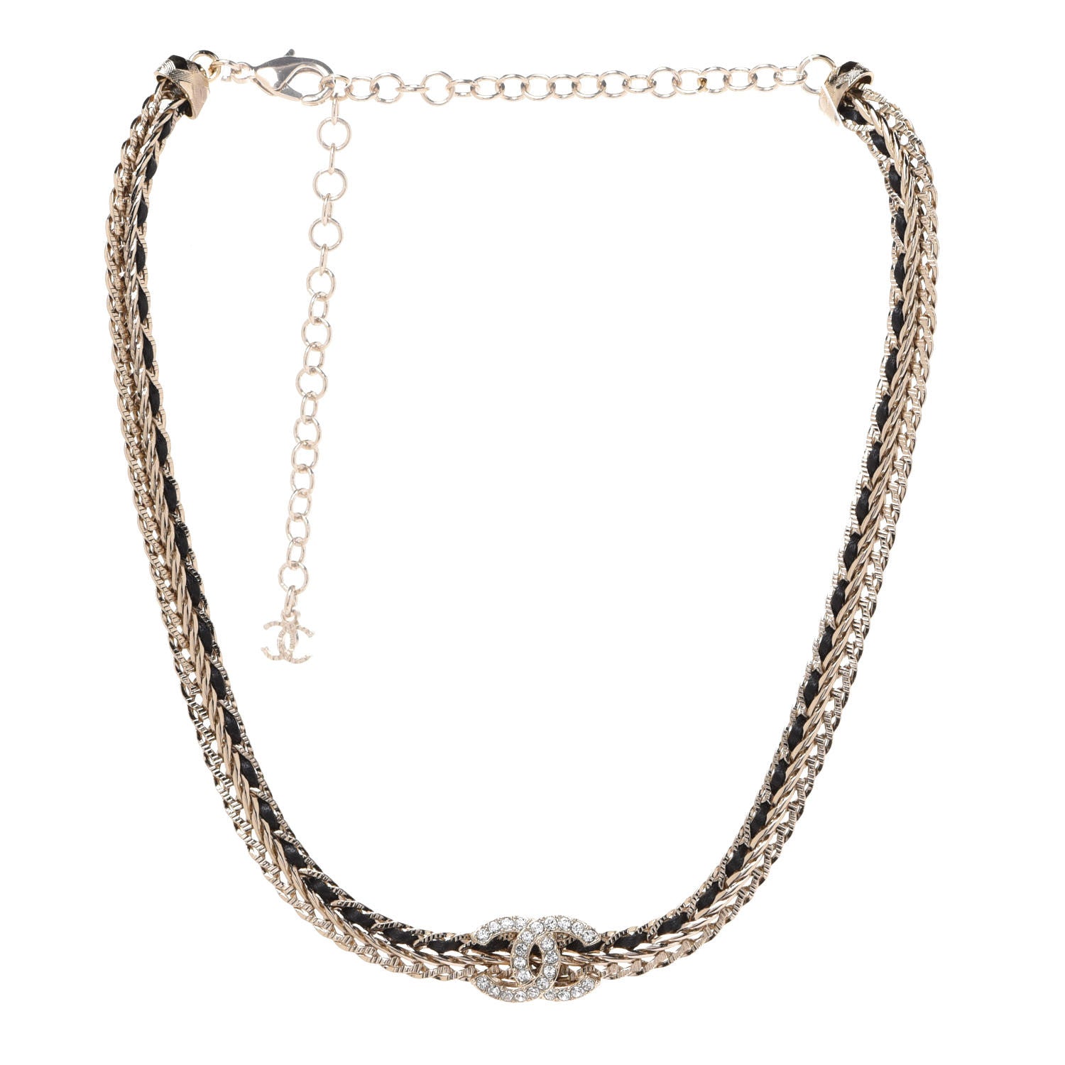 Chanel Metal Lambskin Crystal Chain CC Necklace Black Gold 3 of 6