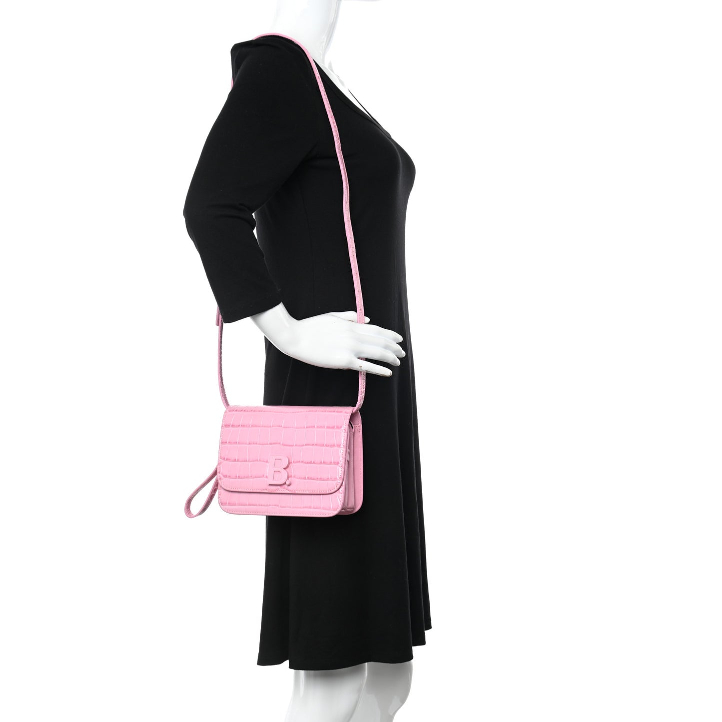 Shiny Calfskin Crocodile Embossed Small B Crossbody Bag Pink