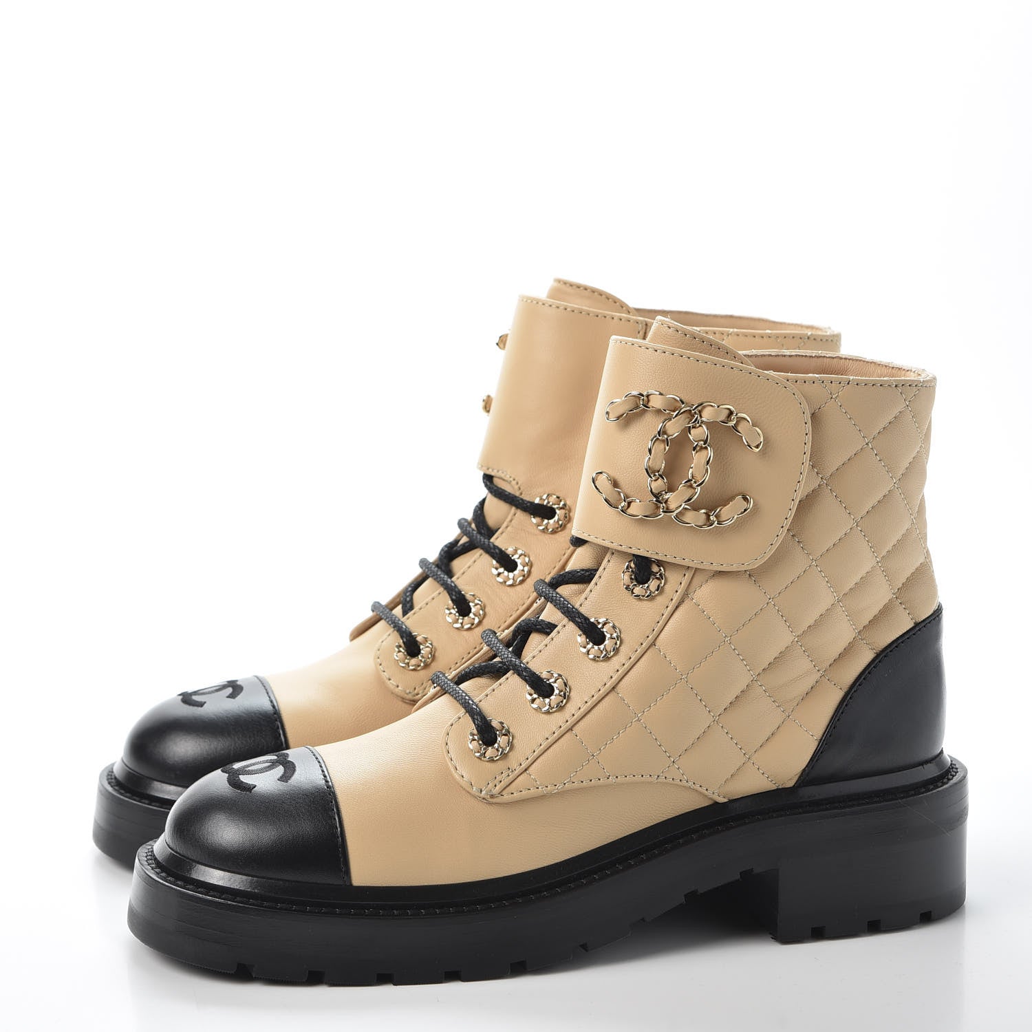 Chanel Lambskin Calfskin Quilted Lace Up Combat Boots 36.5 Beige Black 3 of 11