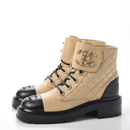 Chanel Lambskin Calfskin Quilted Lace Up Combat Boots 36.5 Beige Black 3 of 11
