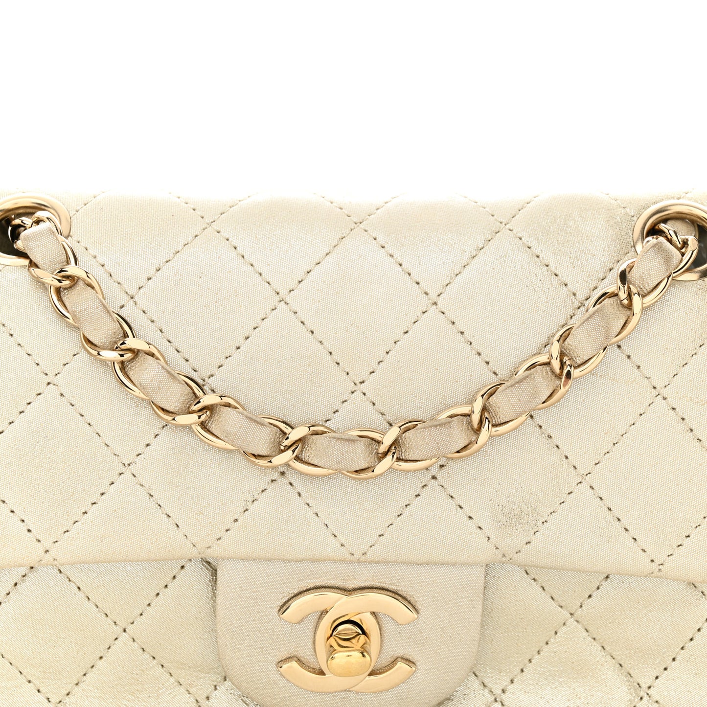 Iridescent Calfskin Quilted Mini Rectangular Flap Light Gold