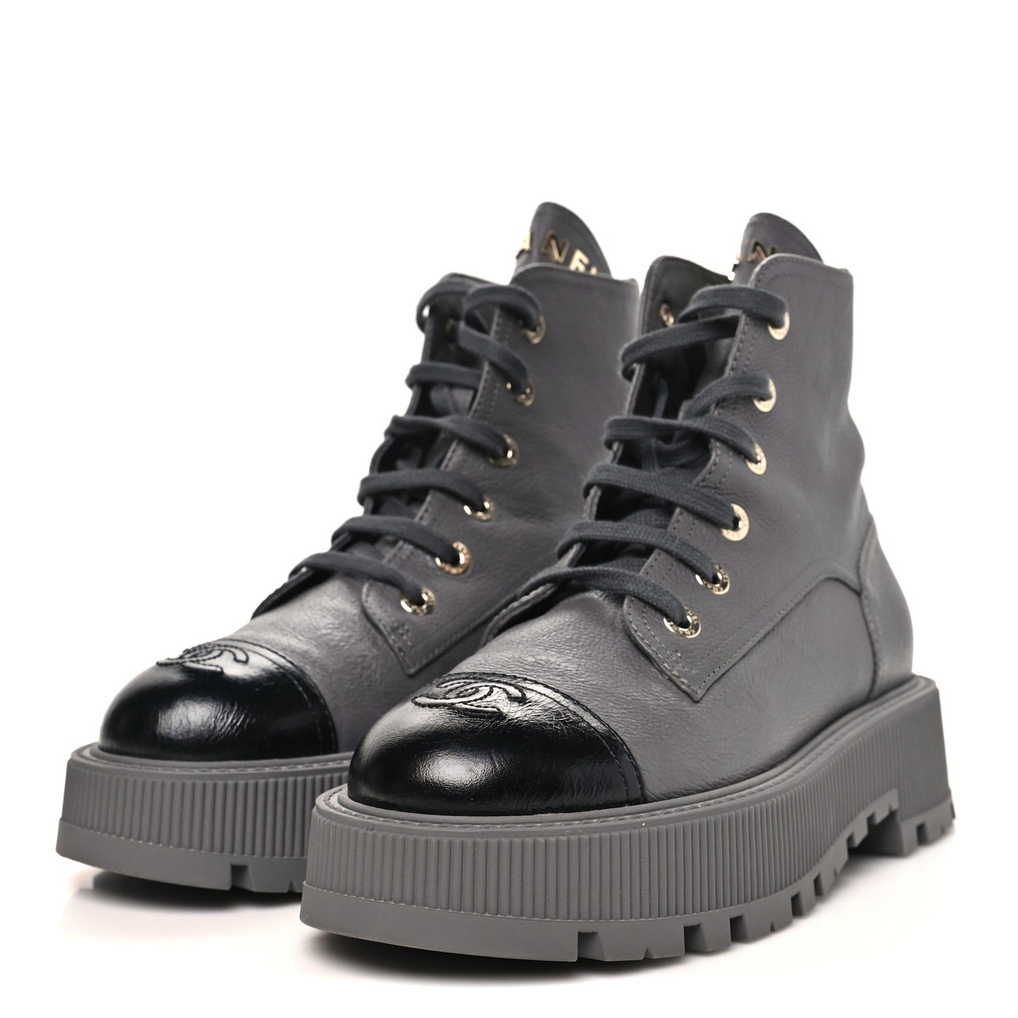 Grained Calfskin Shiny Calfskin CC Lace Up Combat Boots 39.5 Grey