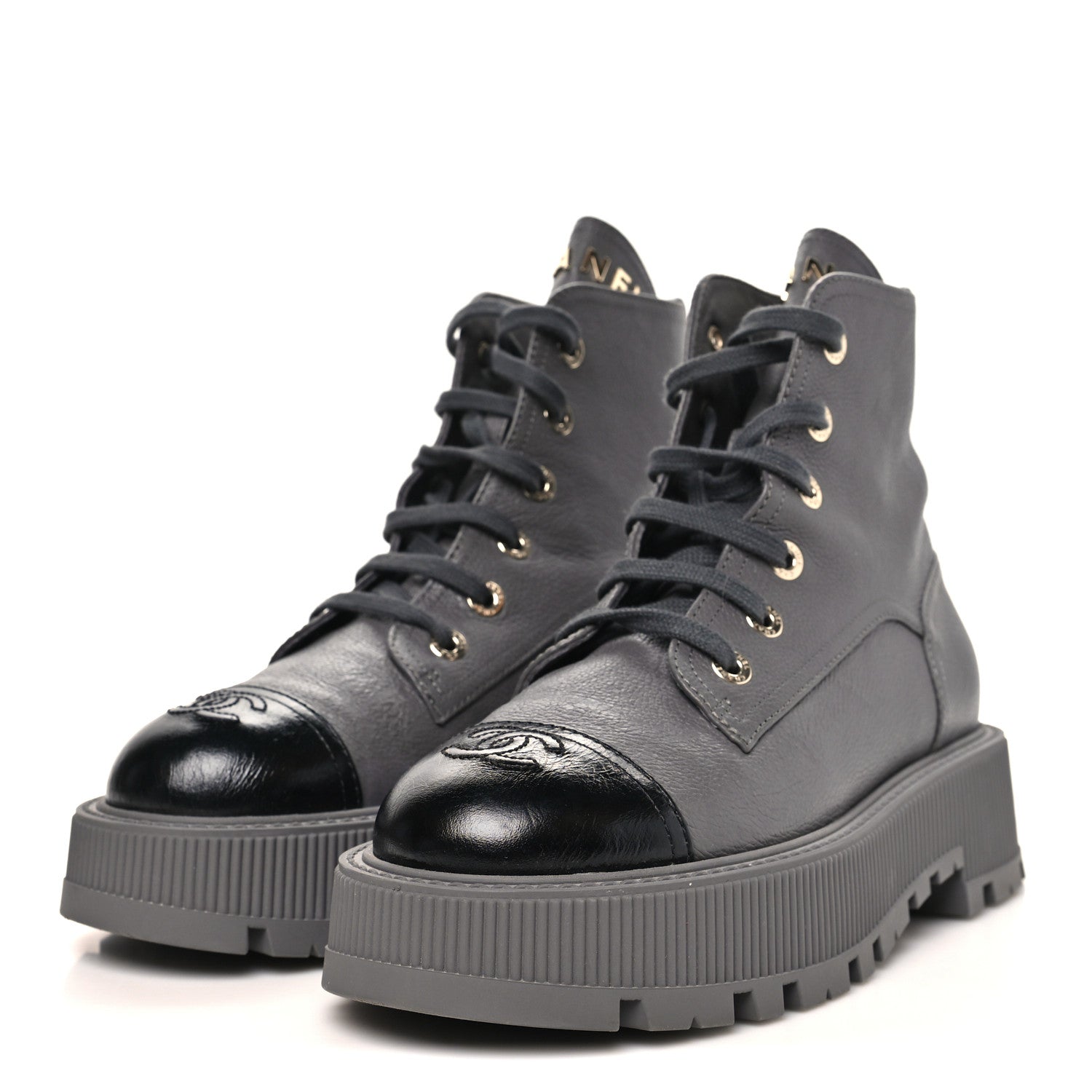 Chanel Grained Calfskin Shiny Calfskin CC Lace Up Combat Boots 39.5 Grey 4 of 10
