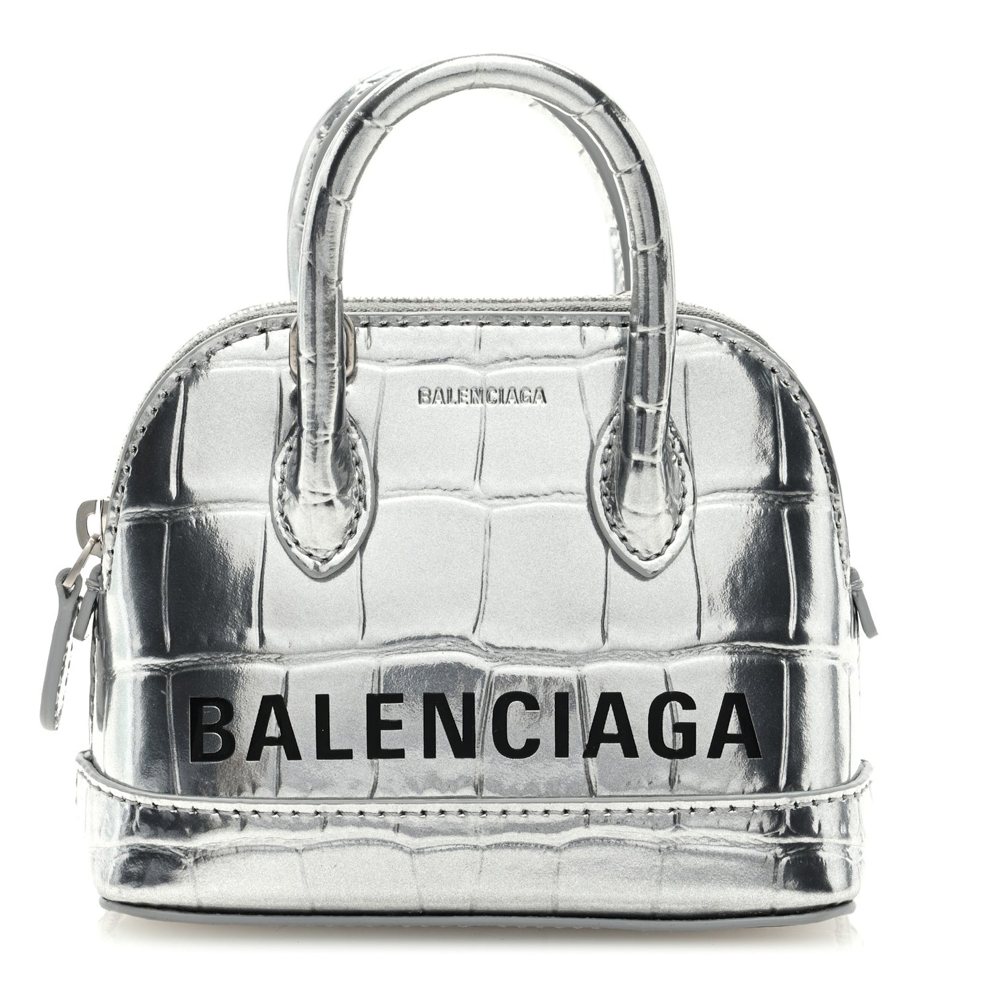 Metallic Calfskin Logo Crocodile Embossed Mini Ville Top Handle Bag Silver Black