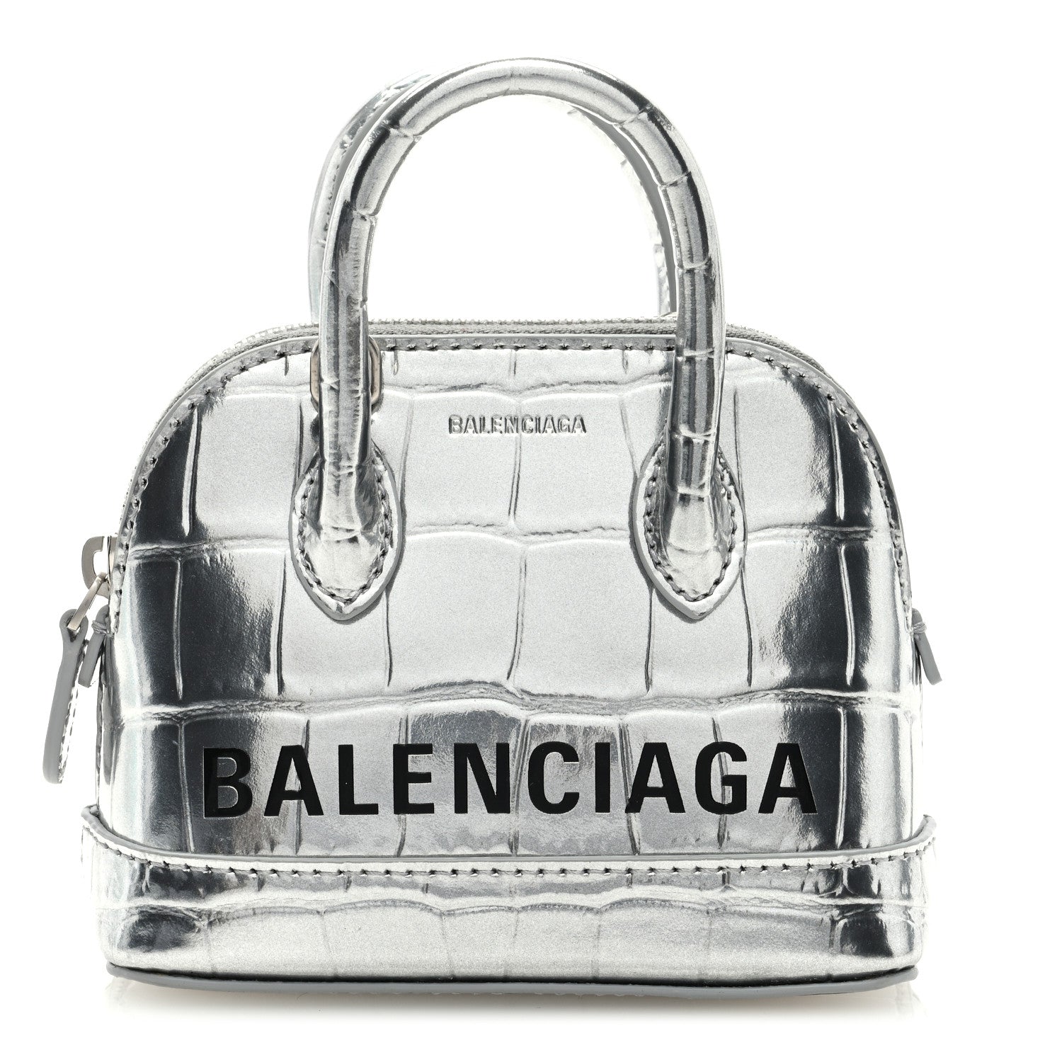 Balenciaga Metallic Calfskin Logo Crocodile Embossed Mini Ville Top Handle Bag Silver Black 1 of 6