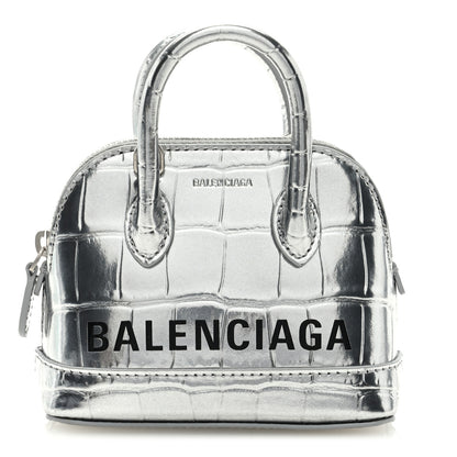 Balenciaga Metallic Calfskin Logo Crocodile Embossed Mini Ville Top Handle Bag Silver Black 1 of 6