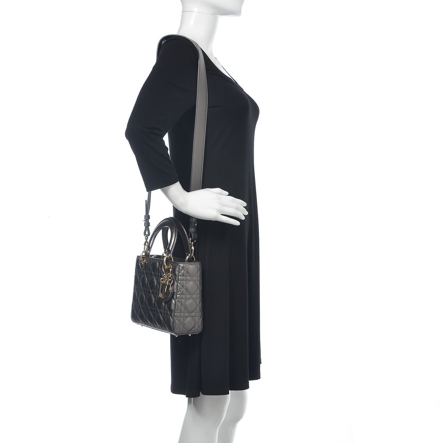 Christian Dior Metallic Grained Calfskin Cannage Small Lady Dior Gunmetal 2 of 11