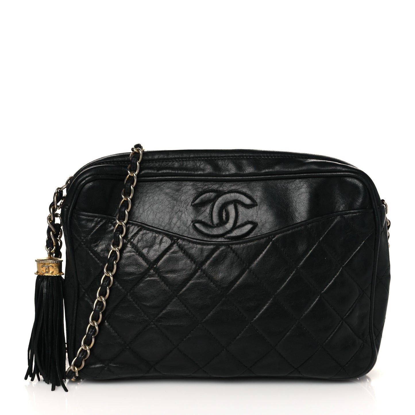 Lambskin Quilted Tassel Camera Case Black