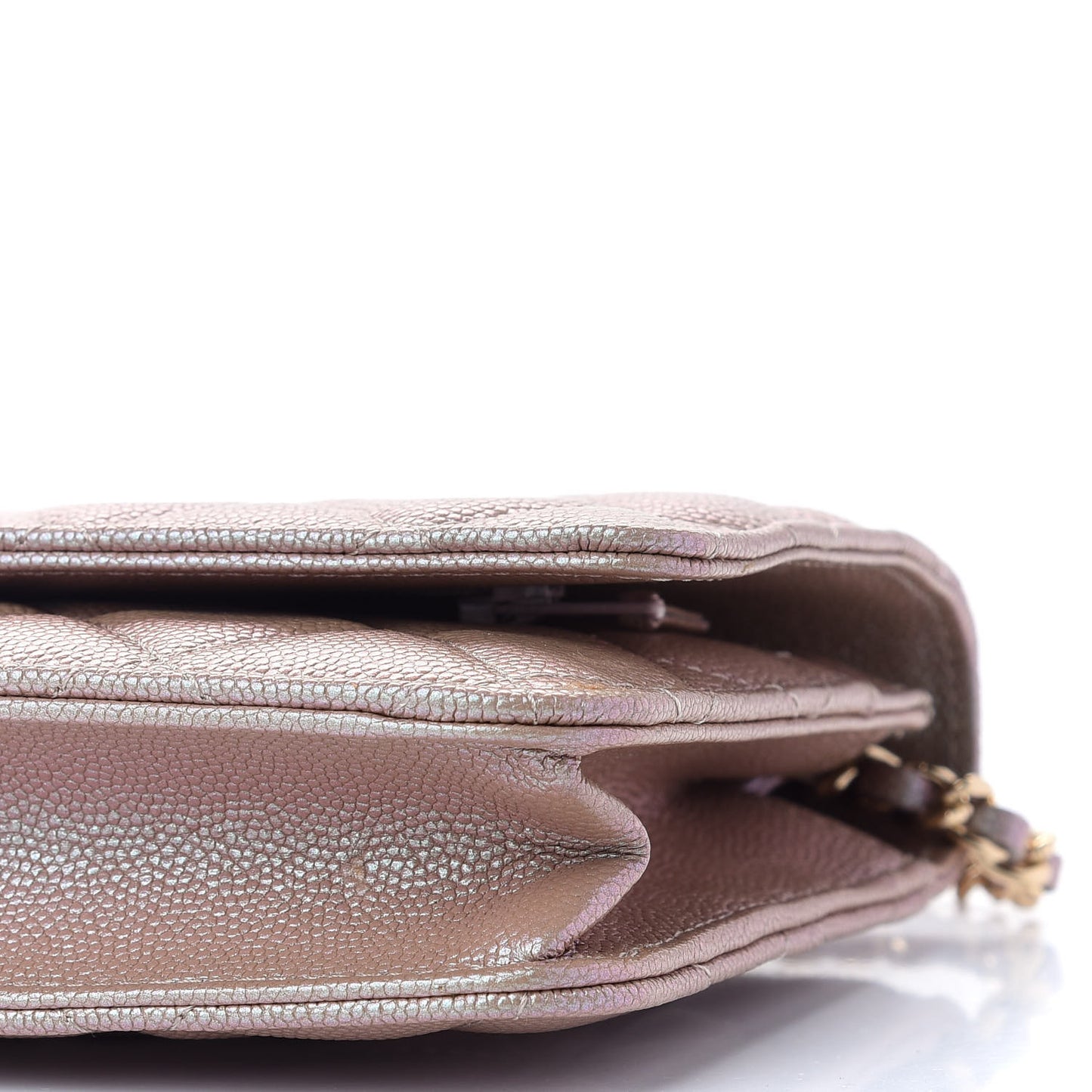 Iridescent Caviar Quilted Wallet On Chain WOC Beige