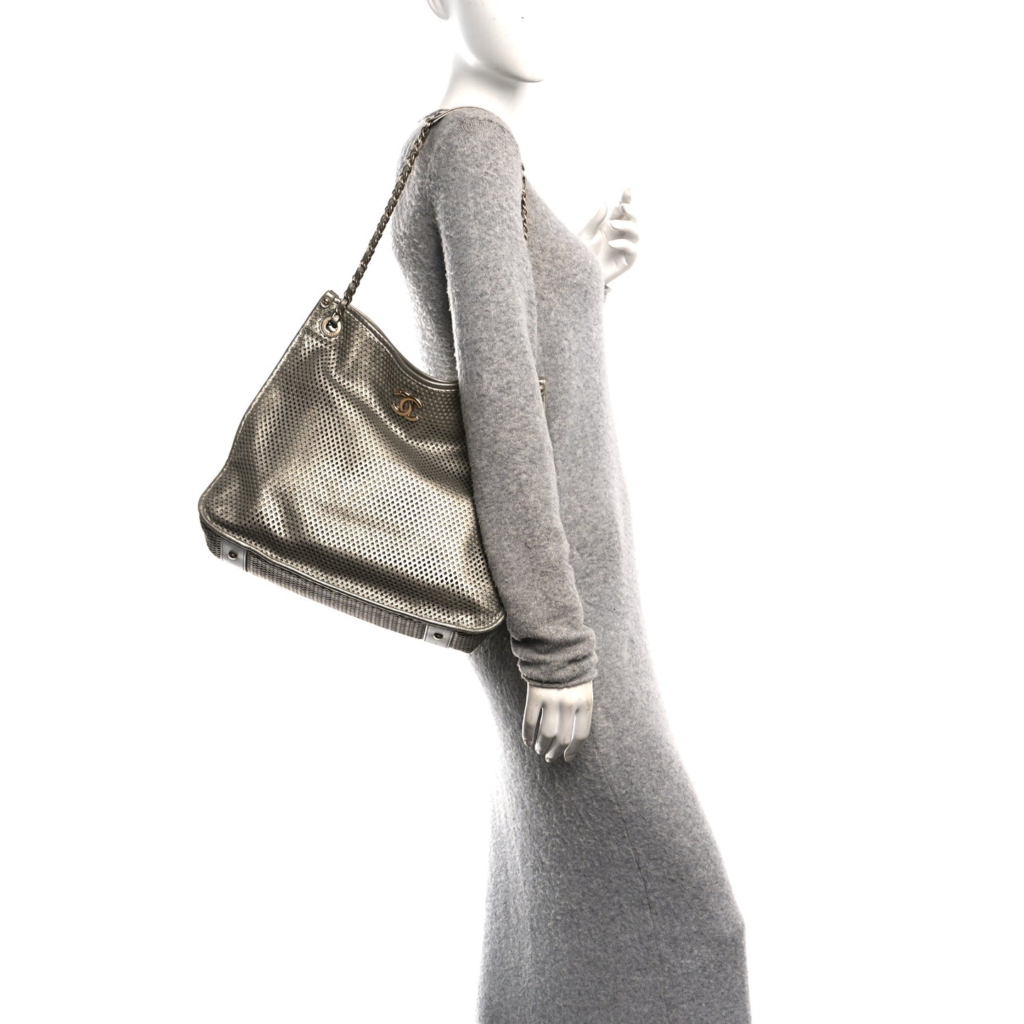 Metallic Calfskin Perforated Up In The Air Tote Silver