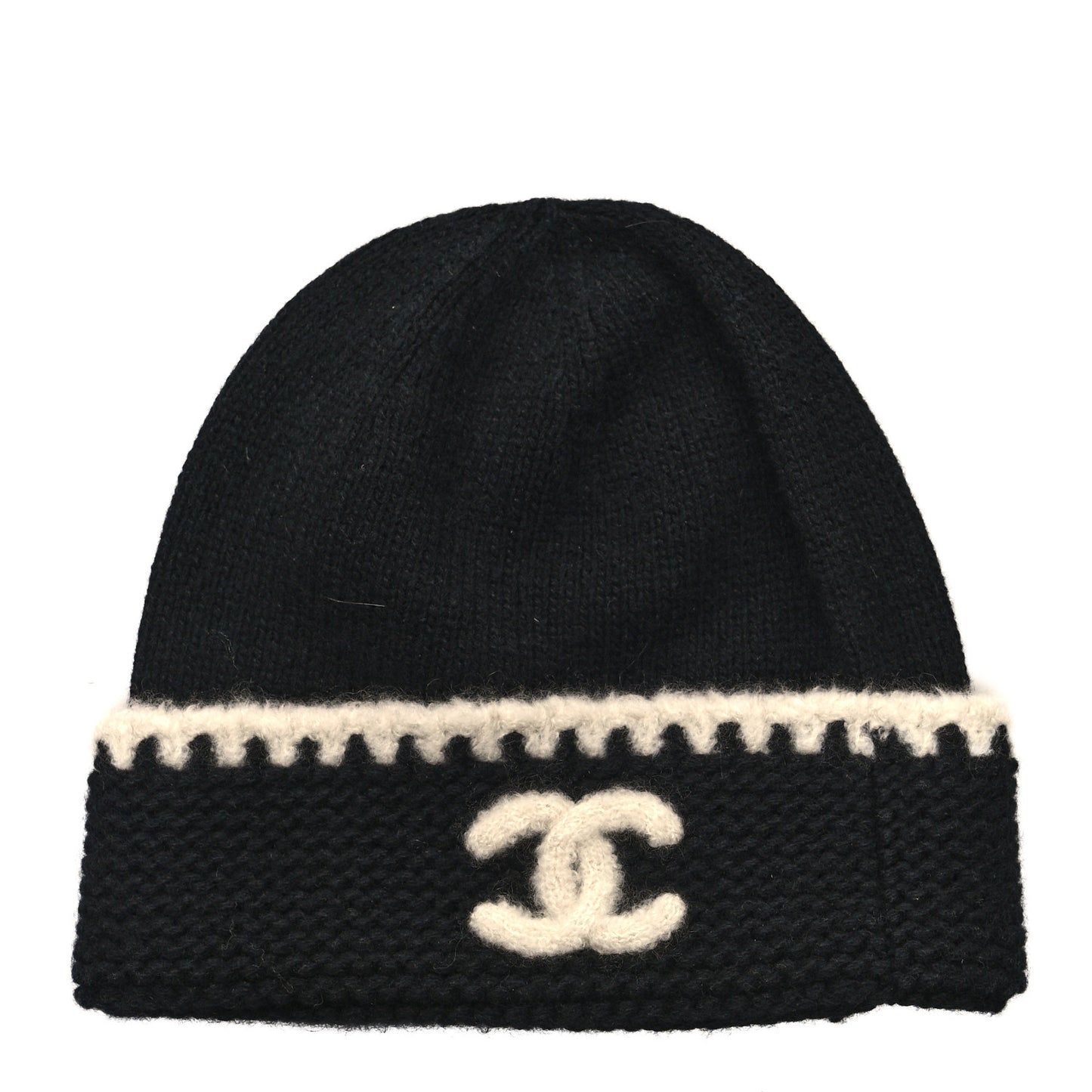 Cashmere Wool CC Beanie Hat Black Light Beige