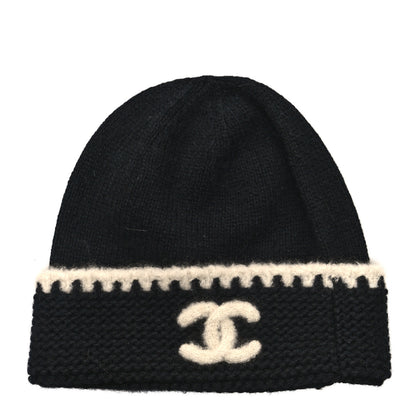 Chanel Cashmere Wool CC Beanie Hat Black Light Beige 1 of 4