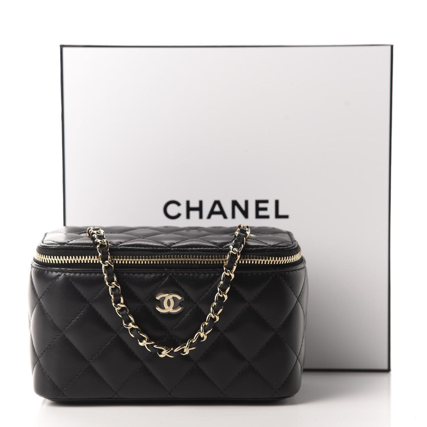 Lambskin Quilted Small Vanity Case With Chain Black