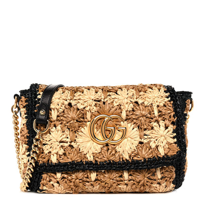 Gucci Raffia Azalea Calfskin Crochet Flower Small GG Marmont Shoulder Bag Natural Ecru Black 1 of 9
