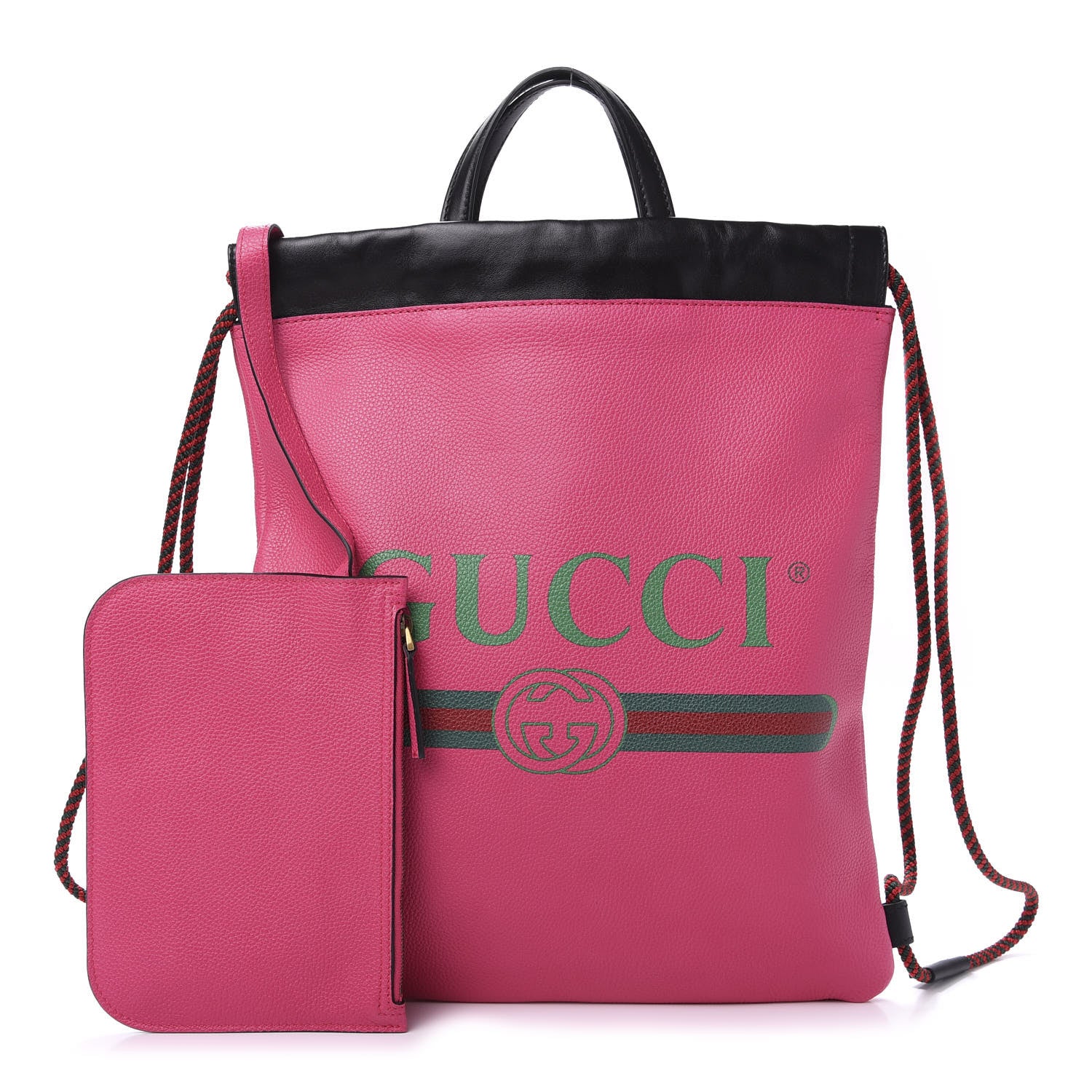 Gucci Grained Calfskin Logo Drawstring Backpack Box Pink Green Black 1 of 11