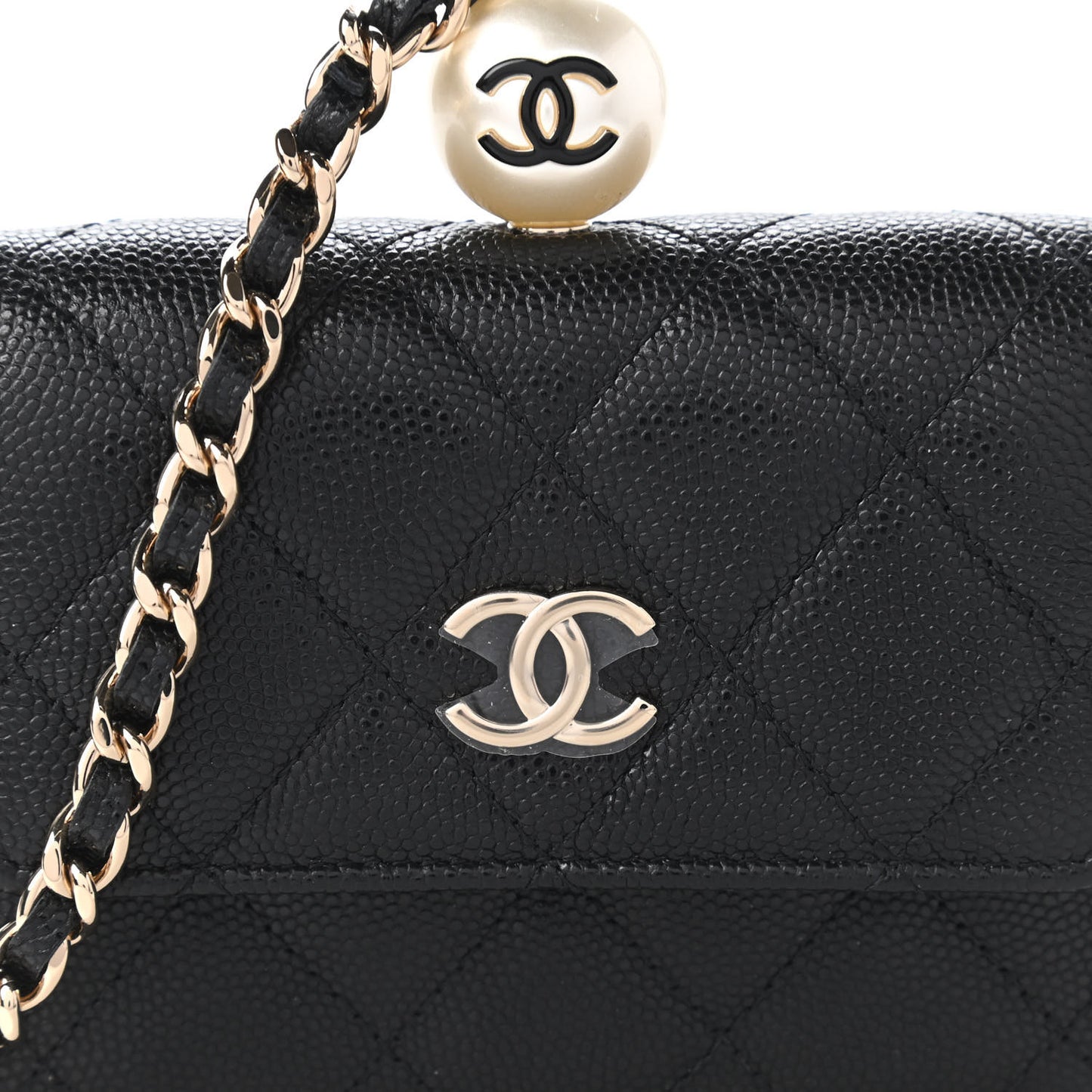 Caviar Quilted Mini Pearl On Top Coin Purse With Chain Black