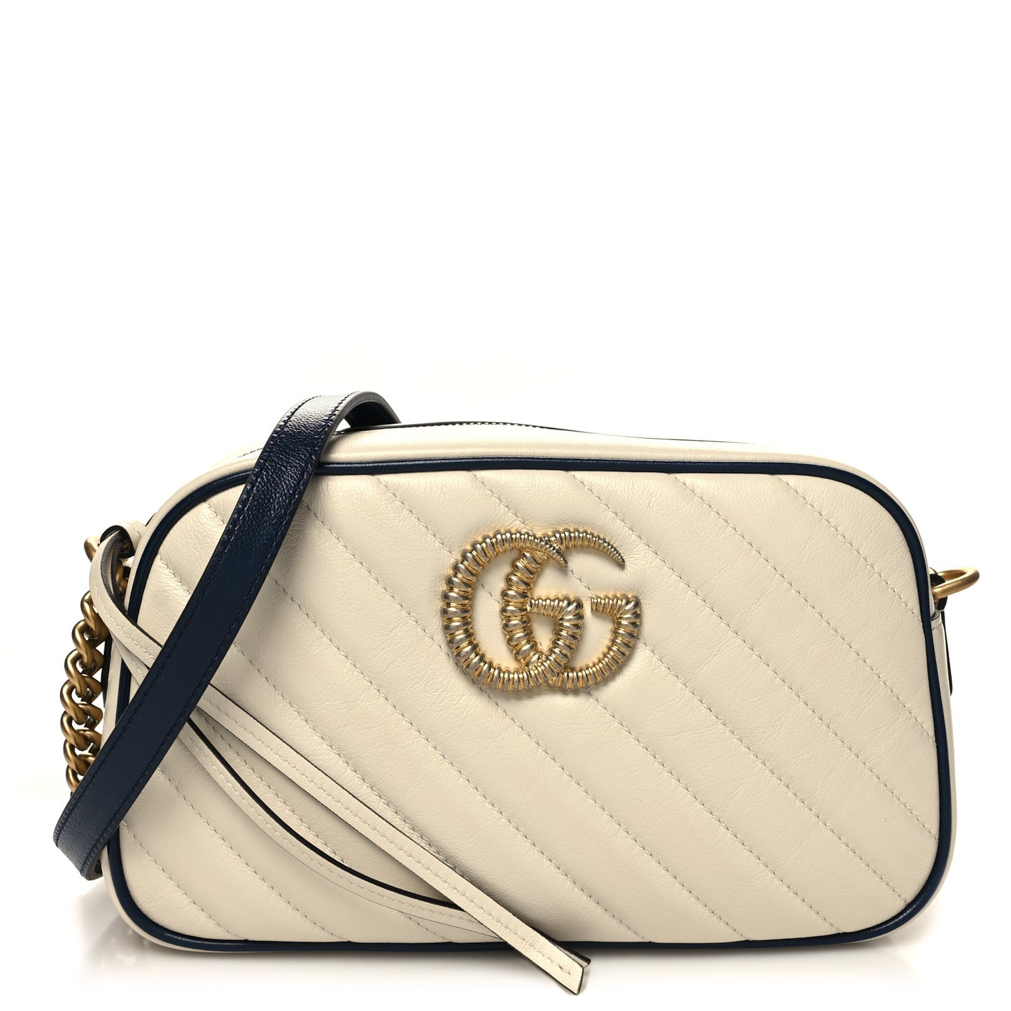 Vintage Effect Calfskin Matelasse Diagonal Small Torchon GG Marmont Chain Shoulder Bag Mystic White Blue Agata