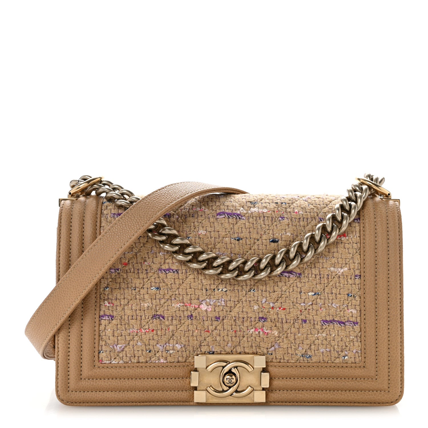 Chanel Calfskin Tweed Medium Boy Flap Dark Beige 1 of 11