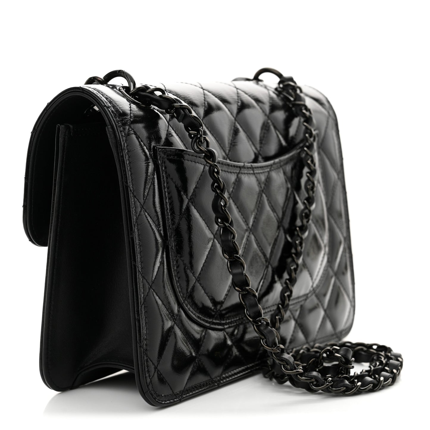 Shiny Crumpled Calfskin Quilted Large Double You Flap So Black