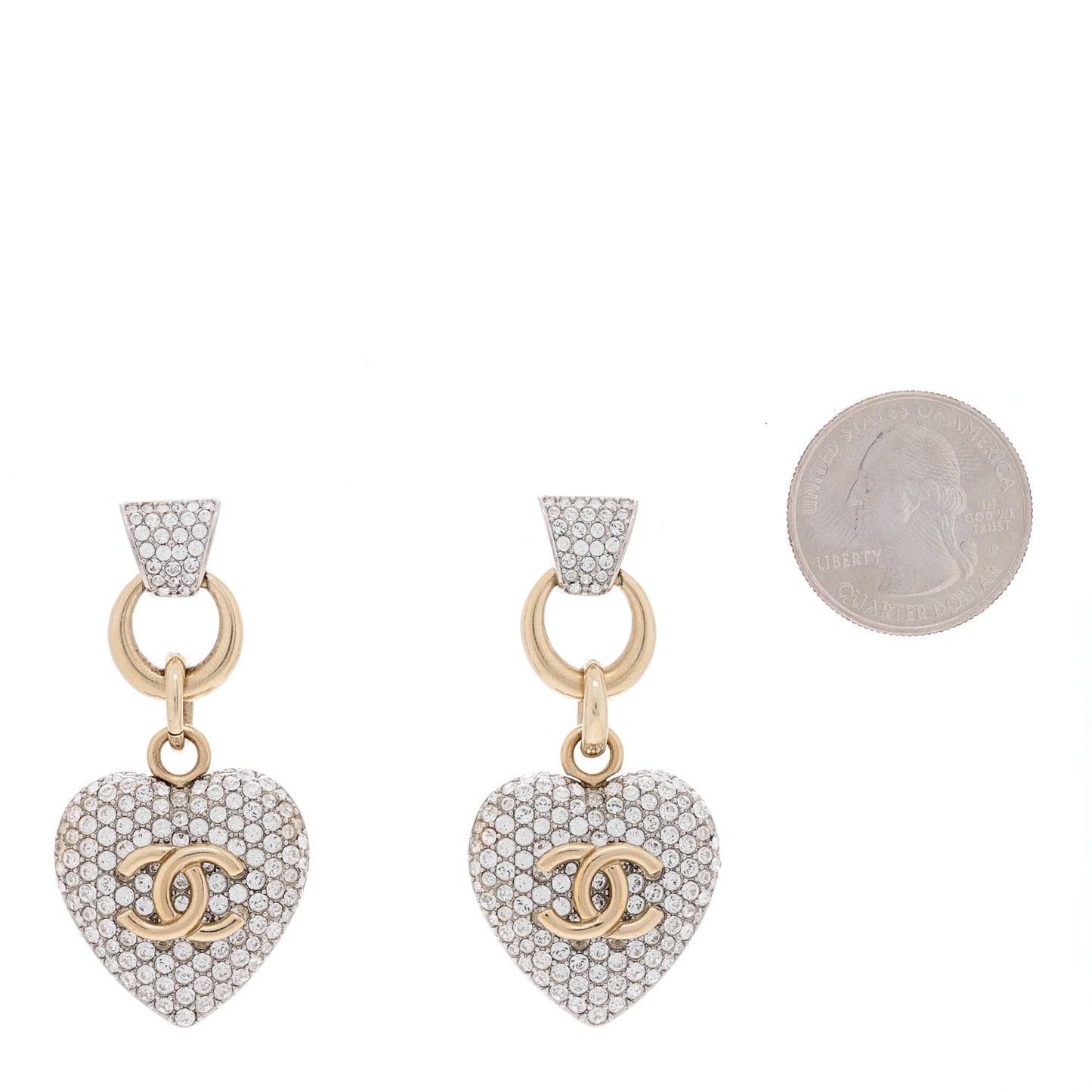 Crystal Heart CC Drop Clip On Earrings Silver Gold