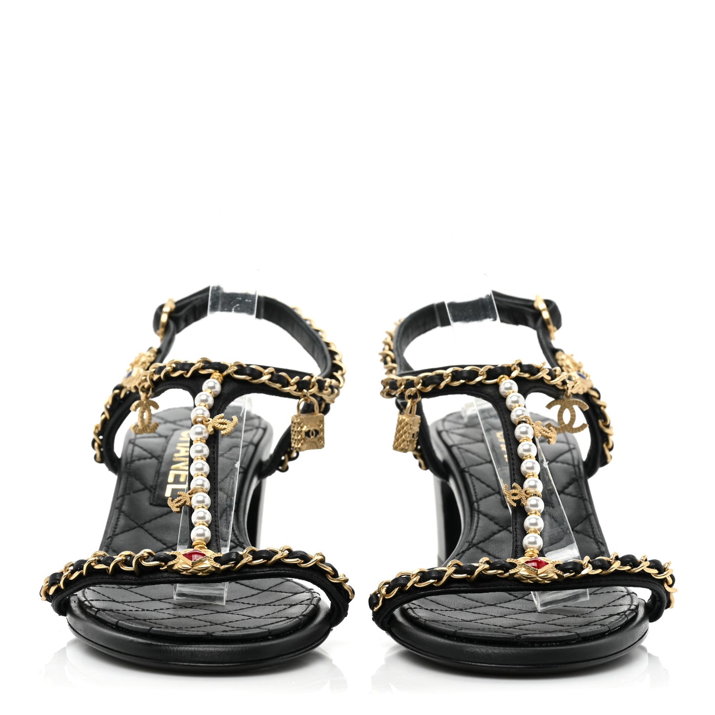 Lambskin Pearl Chain CC Thong Sandals 37 Black