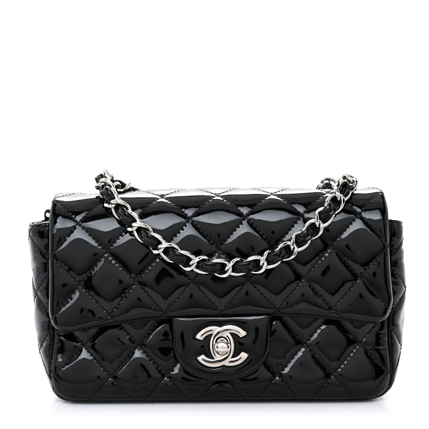 Patent Calfskin Quilted Mini Rectangular Flap Black