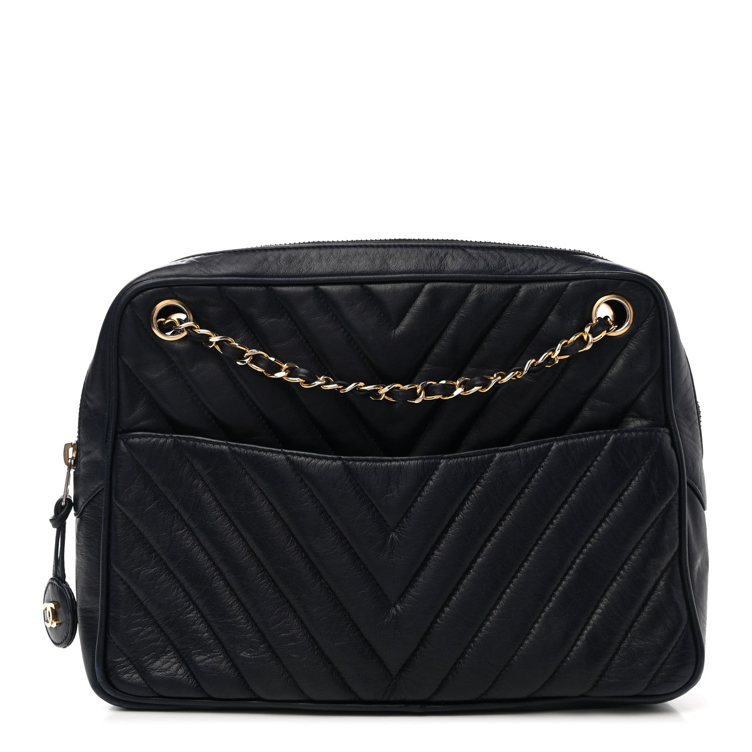 Chanel Lambskin Chevron Quilted Camera Case Navy 1 of 9