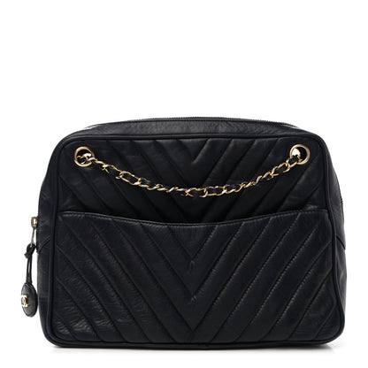 Chanel Lambskin Chevron Quilted Camera Case Navy 1 of 9