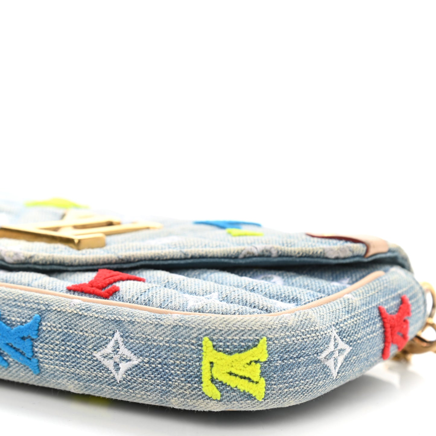 Embroidered Monogram Denim New Wave Chain Pochette Blue
